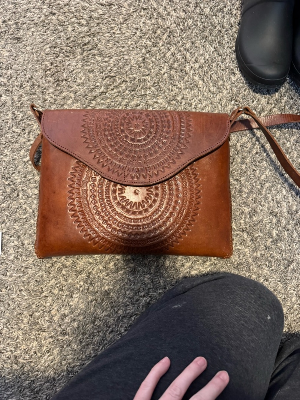 Brown Embossed Leather Crossbody Bag